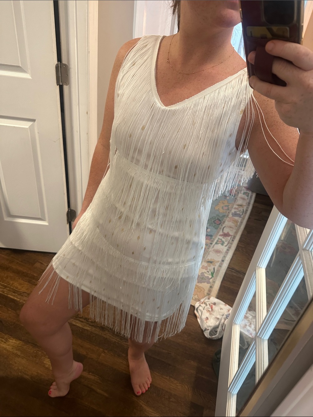 White Fringe Gold Speck Mini Dress